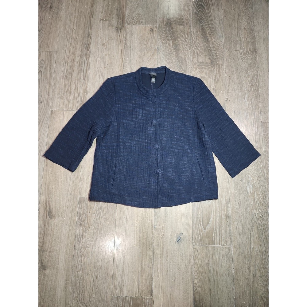 Eileen Fisher Women's 3/4‎ Sleeve Button Up Top Blue Black Size L W/Pockets